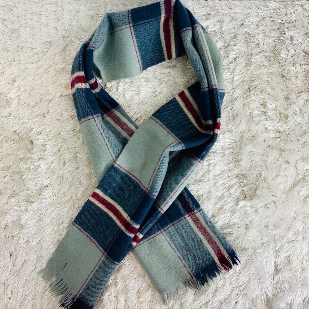 Merino Wool Vintage Plaid Scarf Blue Grey